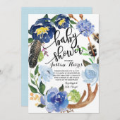 Boho garçon plumes Baby shower Invitation (Devant / Derrière)