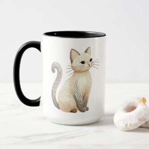 Boho geborduurd neutraal Kat op Coffee Cup Mok