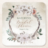 Boho gedempte herfst bloem bruidsfeest vierkante kartonnen onderzetter (Voorkant)