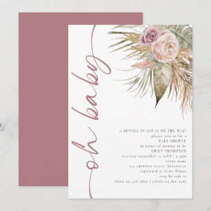 Boho gedraaid script Pampas Roze Oh Baby shower Kaart