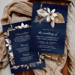 Boho Gedroogde Palm Bloem All in One Navy Trouwdag Kaart