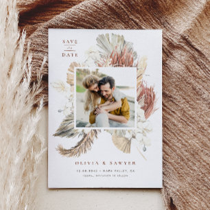 Boho Gedroogde Palmbladeren en Witte Orchideeën Fo Save The Date