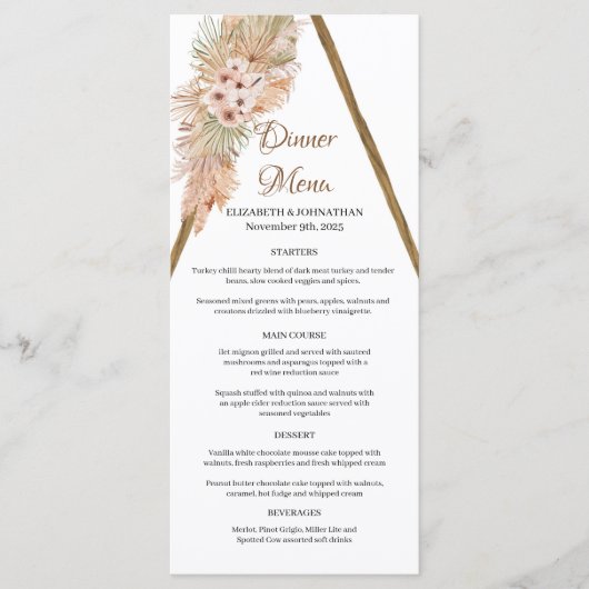 Boho gedroogde palmbladeren Pampas gras houten boo Menu (Voorkant)