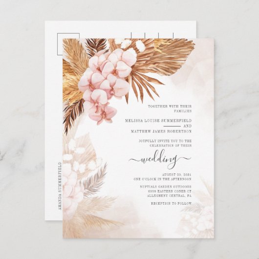 Boho Gedroogde Palmen Pampagras Terracotta Bruilof Uitnodiging Briefkaart (Voorkant / Achterkant)