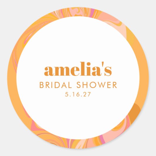 Boho Geel Roze Marmer Aangepaste Bruiloftsshower N Ronde Sticker (Voorkant)
