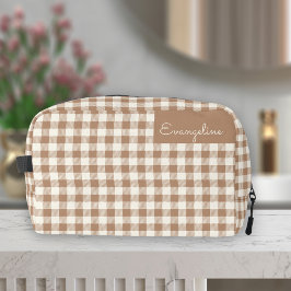 Boho Gingham Patroon Geruit Bruin Naam Toilettasje
