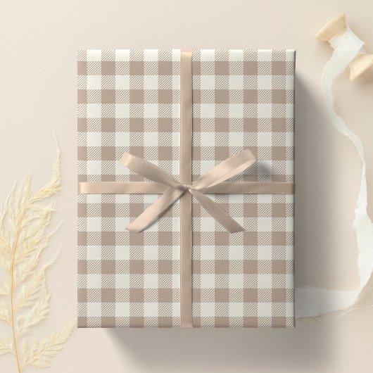 Boho Gingham Patroon Geruit Neutraal Cadeaupapier