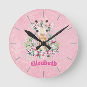 Boho-giraffe bloemen vernoemde meisjes, tiener cad ronde klok
