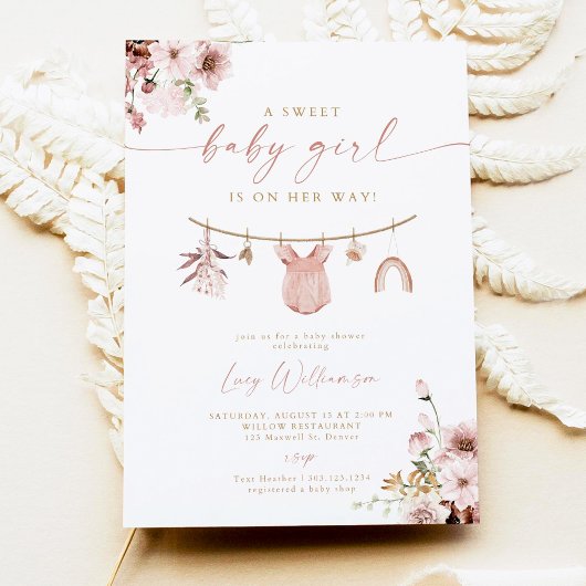 Boho Girl Clothesline Baby shower Invitation Sweet