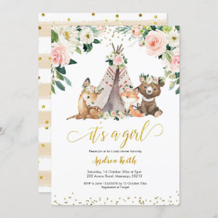 Boho Girl Floral Woodland Baby shower Invitation