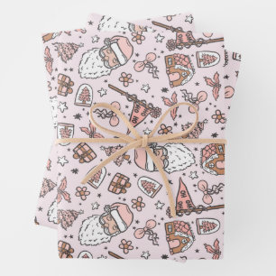 Boho Girly Pink Santa Christmas Doodles Inpakpapier Vel