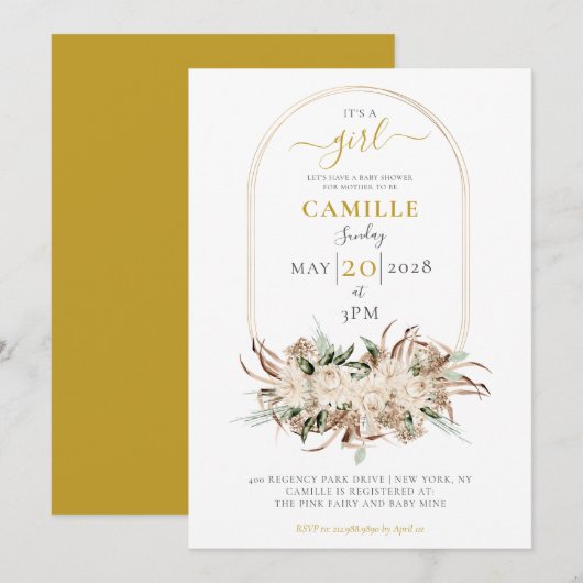 Boho Gold Floral Lijst Baby shower Kaart (Voorkant / Achterkant)