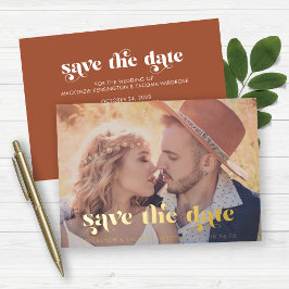 Boho Gold Foil Typografie Foto Save the Date Folie Uitnodiging