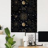 Boho Gold Space doodles Black Design Poster (Thuiskantoor)