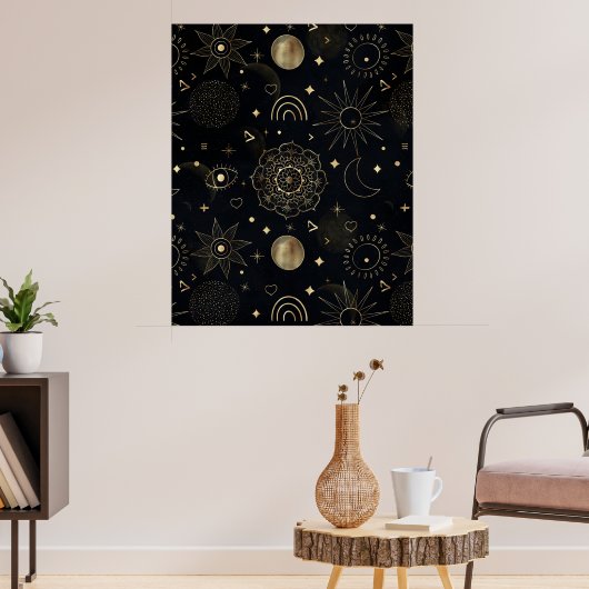 Boho Gold Space doodles Black Design Poster (Woonkamer 3)