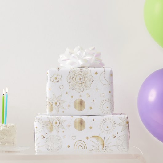 Boho Gold Space doodles White Design Cadeaupapier (Feestgeschenken)