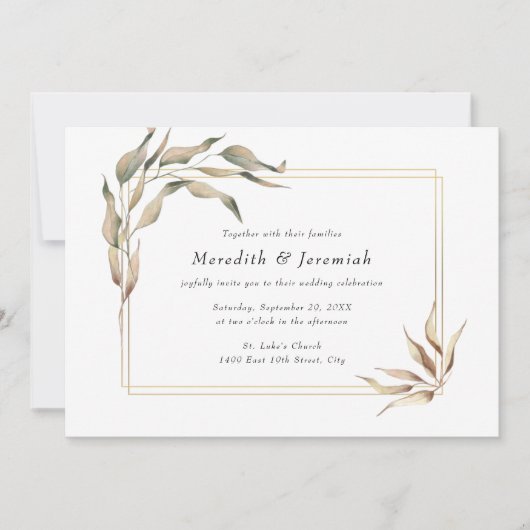 Boho Golden Greenery Faire-part de mariage (Devant)