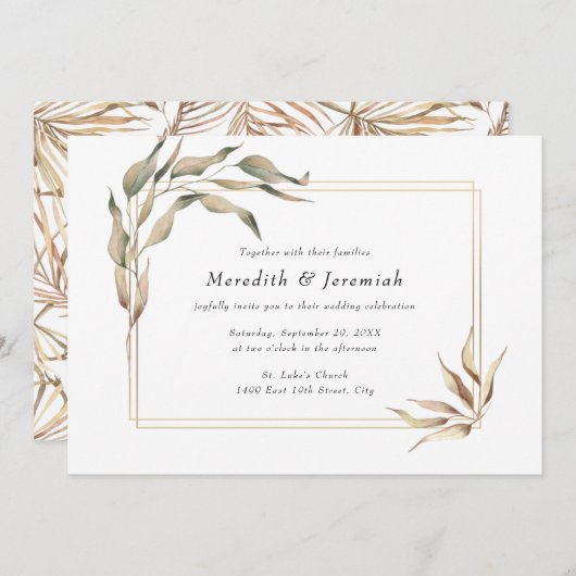 Boho Golden Greenery Wedding Invitation Kaart (Voorkant / Achterkant)