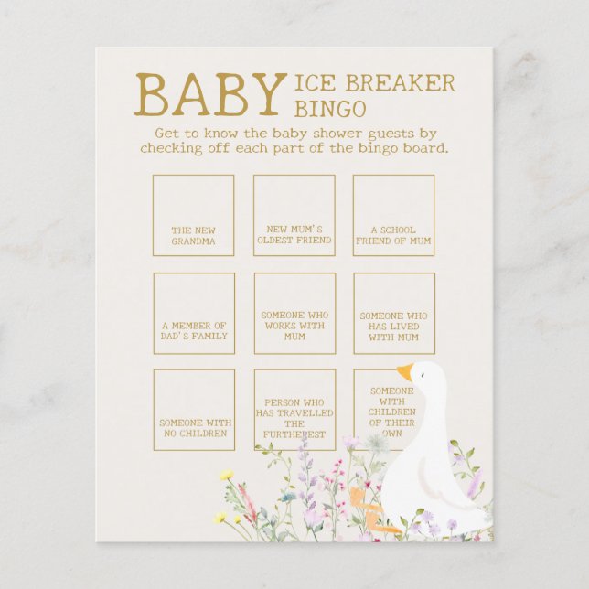 Boho Goose Duck Baby shower ijsbreker Bingospel (Voorkant)