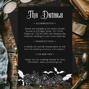 Boho Gothic Botanisch Zwart Bruiloft Details Informatiekaartje