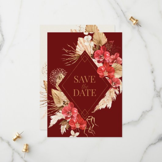 Boho  gouden lijst rode orchidee val bruiloft save the date (Voorkant / Achterkant in situ)