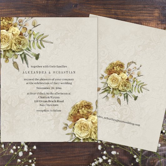 Boho gouden Rozen en crème damast bruiloft Kaart
