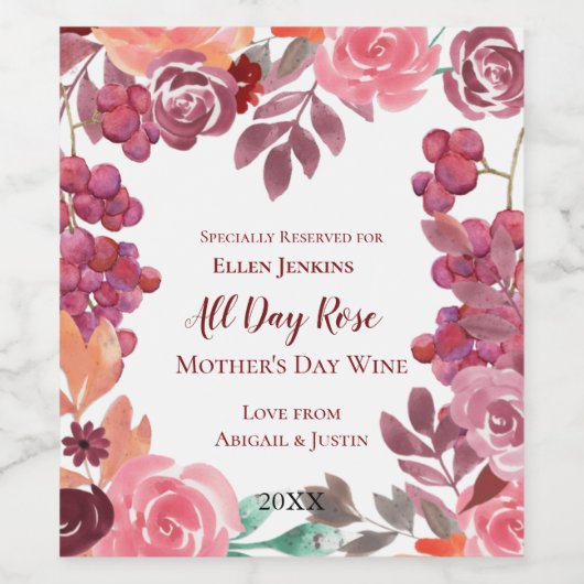 Boho Grapes and Rozen Moederdag Wijn Etiket (Enkel label)