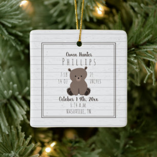 Boho Gray Beer Cub Baby Boy Birth Stats Keramisch Ornament