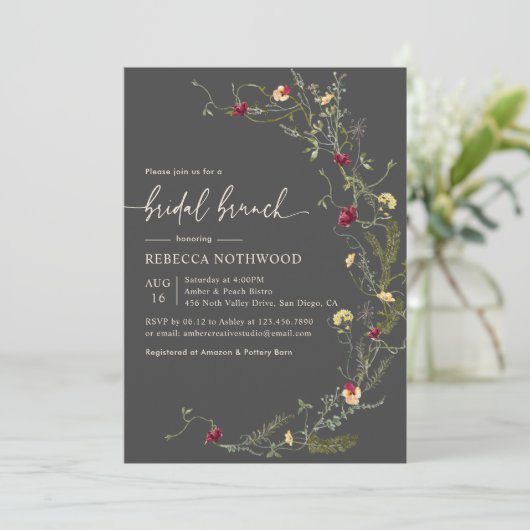 Boho Gray Waterverf Wildbloemen Bridal Brunch Kaart (Staand voorkant)
