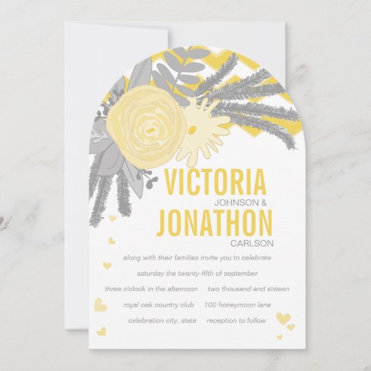 Boho Gray Yellow Zigzag Typography Wedding Kaart (Voorkant)