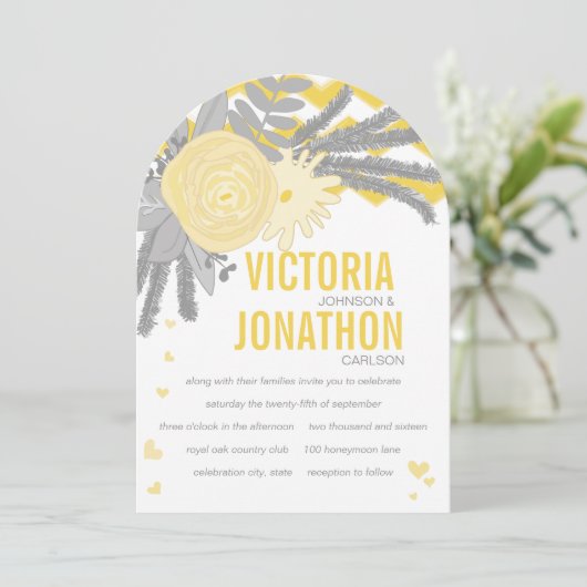 Boho Gray Yellow Zigzag Typography Wedding Kaart (Staand voorkant)