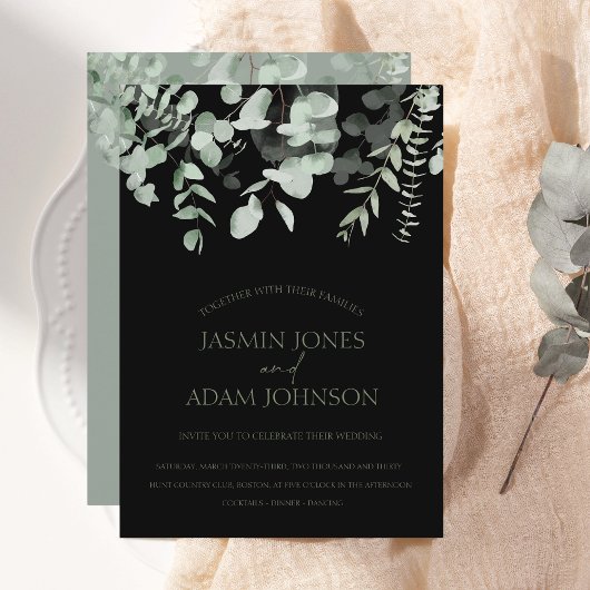 Boho Green Black Eucalyptus Faire-part de mariage