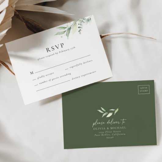 Boho Green Botanical Minimal Wedding Carte RSVP