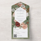 Boho Green Burgundy Herfst Floral QR Code All In One Uitnodiging (Binnen)
