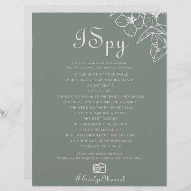 Boho Green Destination Floral I Spy Wedding Game (Voorkant / Achterkant)