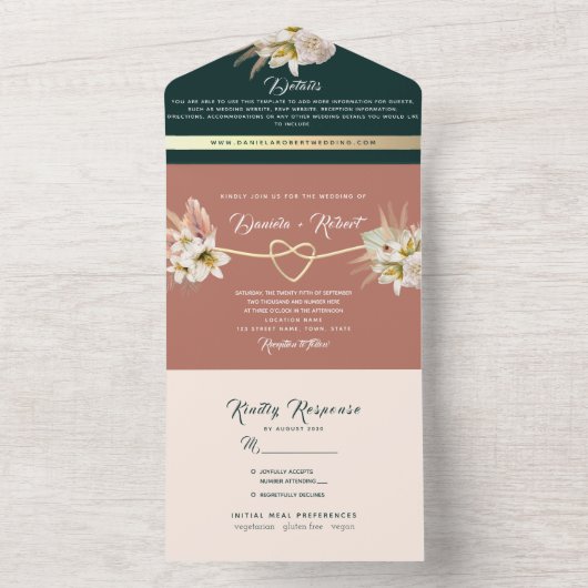 Boho Green en Terracotta bruiloft All In One Uitnodiging (Binnen)