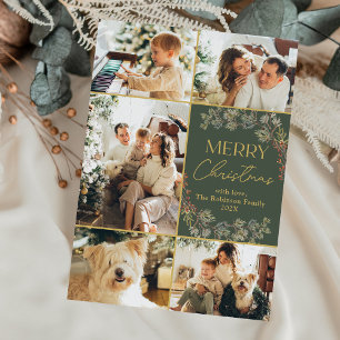 Boho Green Gold Script Family Photo Carte de Noël