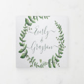 Boho Green Leaf Olive Green Ash Wreath Wedding Tri Drieluik Uitnodiging (Cover)