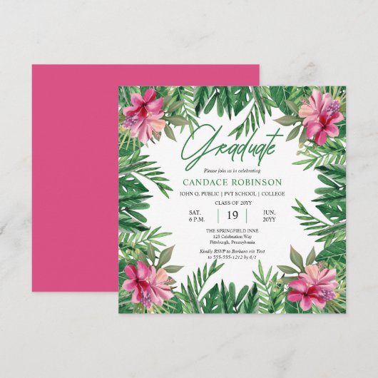 Boho Green Leaves | Roze Hibiscus Graduation Party Kaart (Voorkant / Achterkant)