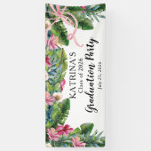 Boho Green Leaves | Roze Hibiscus Graduation Party Spandoek (Verticaal)