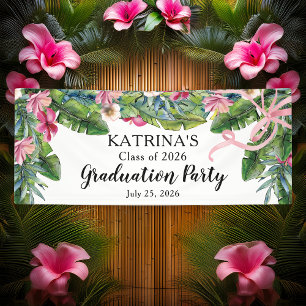 Boho Green Leaves   Roze Hibiscus Graduation Party Spandoek