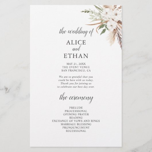 Boho Green Pampa Grass Wedding Programme (Devant)