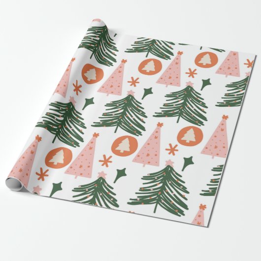 Boho Green Pink Oranje kerstbomen Cadeaupapier (Uitgerold)