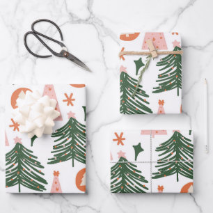 Boho Green Pink Oranje kerstbomen Inpakpapier Vel