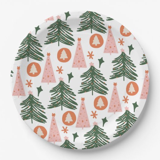 Boho Green Pink Oranje kerstbomen Papieren Bordje (Voorkant)