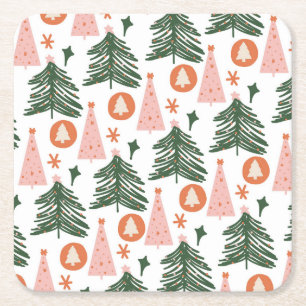 Boho Green Pink Oranje kerstbomen Vierkante Kartonnen Onderzetter