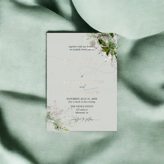 Boho Green Script Mariage Foil Invitation