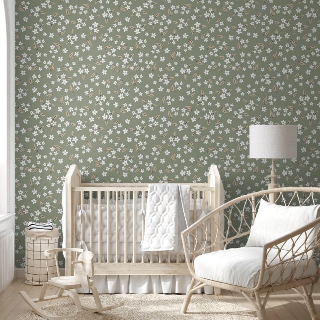 Boho Green with White Floral Seamless Behang (Kinderen)