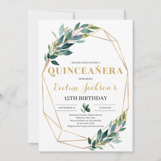 Boho greenery eucalyptus gold quinceanera kaart (Voorkant)