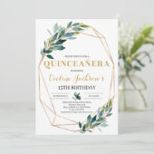 Boho greenery eucalyptus gold quinceanera kaart (Staand voorkant)